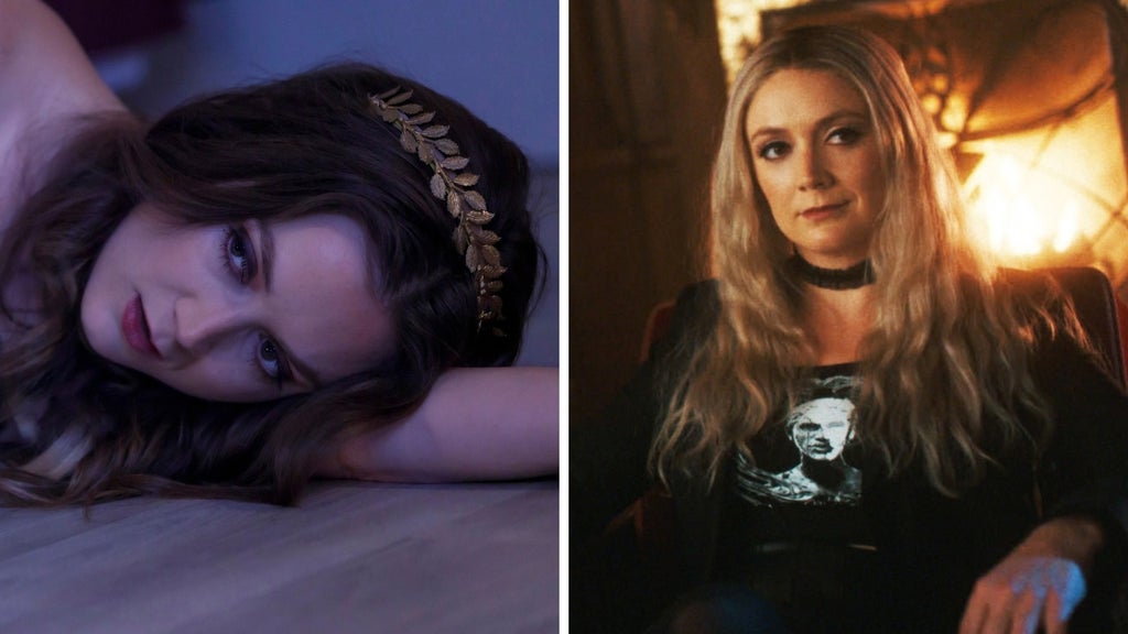 Split image: on the left, a woman with a gold leaf headband lies on the floor looking up; on the right, a blonde woman in a black choker and graphic tee sits by firelight.