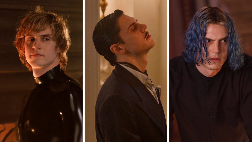 Three-panel image of a man in different looks: black latex high-collar suit, with blonde hair slicked-back hair in a dark tuxedo tilting his head back while he plays the piano, and long blue-tipped hair in a black shirt.
