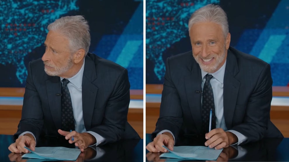 A split image of John Stewart sitting at the Daily Show desk. The left frame shows him looking left at the audience. The right frame shows him smiling into camera.