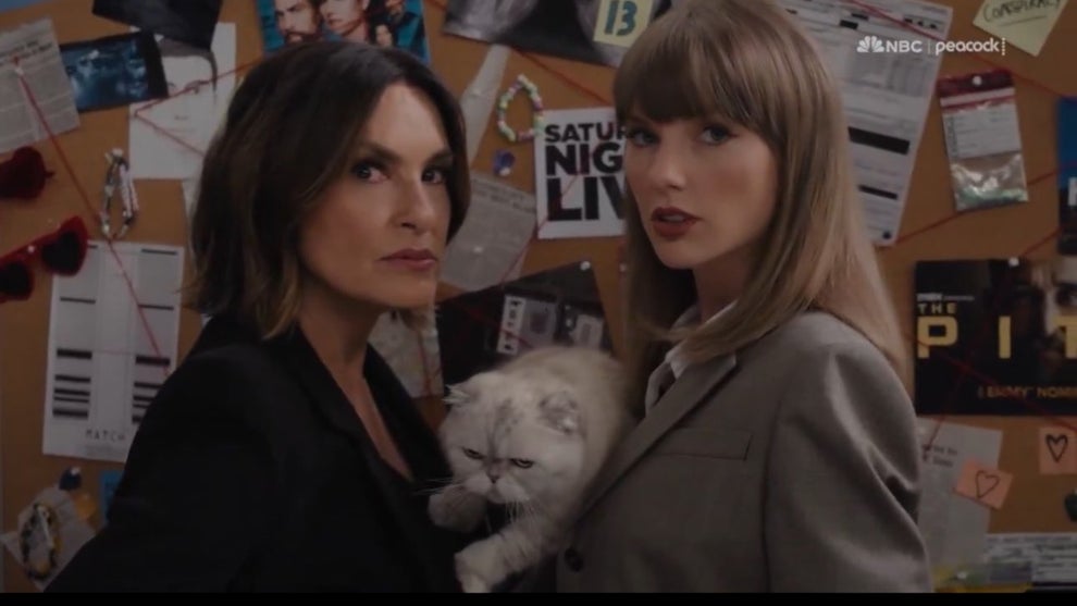 Taylor Swift and Mariska Hargitay in a pre-taped sketch at the 2026 Emmys