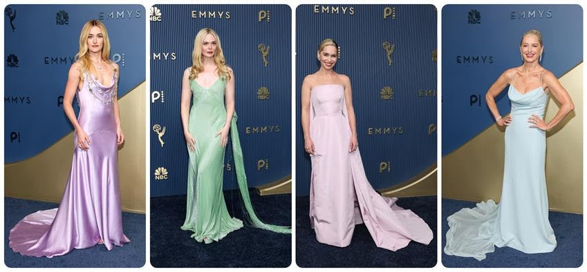 Sarah Pidgeon in Chanel; Elle Fanning in Ralph Lauren; Emilia Clarke in Prada and Katherine LaNasa in Louis Vuitton. Source: Getty