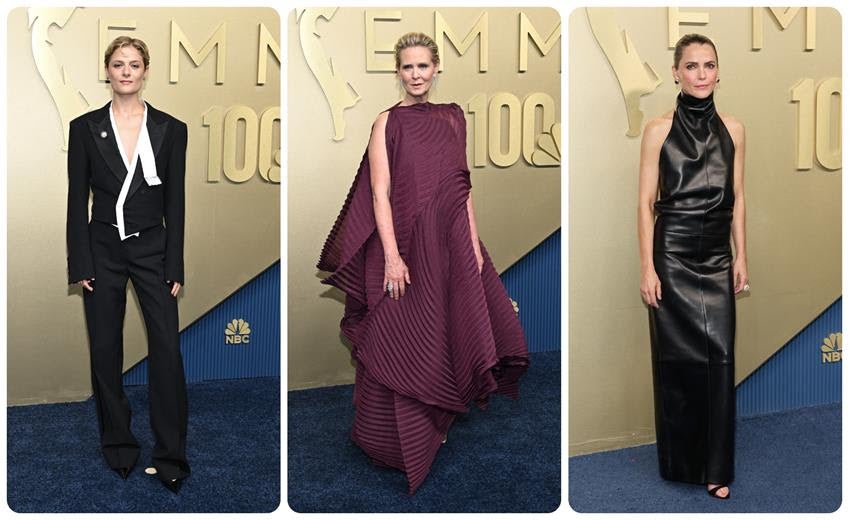 Louisa Jacobson in Tom Ford; Cynthia Nixon in Issey Miyake and Keri Russell in Khaite. Source: Getty