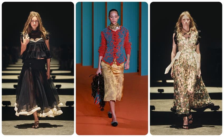 Khaite Spring 2027 left and right; Tory Burch Spring 2027, center. Source: Khaite and Getty