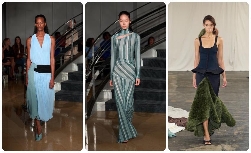 Rachel Scott for Proenza Schouler Spring 2027 left and center; Rachel Scott for Diotima Spring 2027, right. Source: Getty