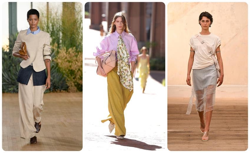 Left to right, apron-like denim overskirt at TWP; scarf as tie at Ulla Johnson; sheer trend at Eckhaus Latta Spring 2027. Source: Getty and Eckhaus Latta.