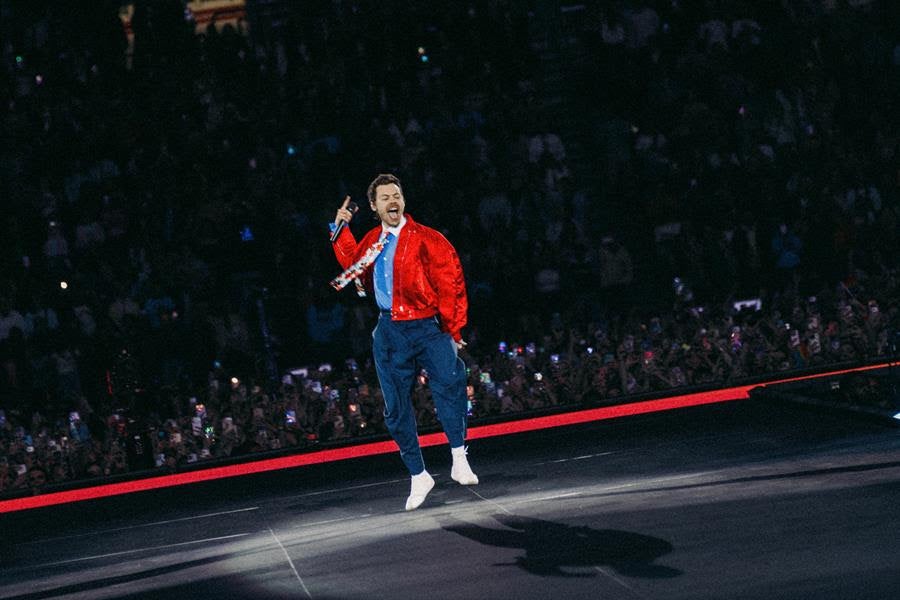 Harry Styles wearing Celine performing on stage during his Together, Together Tour at Johan Cruijff Arena on May 16, 2026 in Amsterdam, Netherlands. Source: Getty