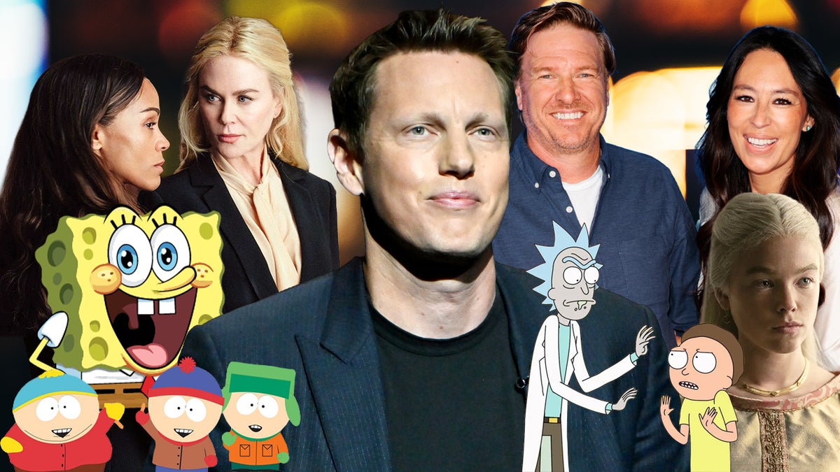 Collage of David Ellison and Paramount and Warner Bros. Discovery characters