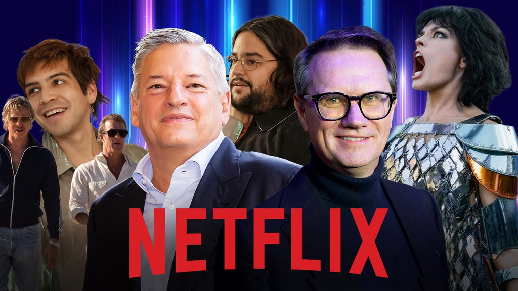 Netflix Co-CEO Ted Sarandos and newly instated CCO Peter Rice look ahead to the streamer's film slate. (Credit: Getty Images/Netflix/Chris Smith for TheWrap)