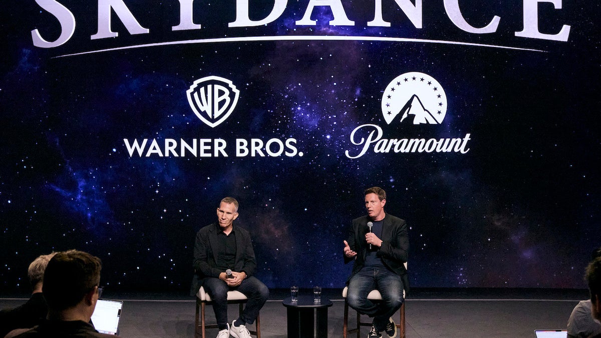 Skydance co-CEOs Ynon Kreiz and David Ellison hold a press conference following the Paramount-Warner Bros. Discovery merger closure on Oct. 6, 2026. (Credit: Nate Jensen for Skydance)