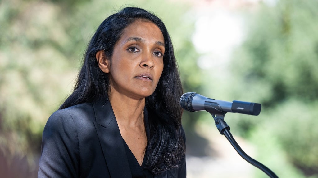 Councilwoman and LA mayoral candidate Nithya Raman holds a press conference in Studio City on July 24, 2026. (Credit: Sarah Reingewirtz/MediaNews Group/Los Angeles Daily News via Getty Images)