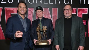 Chris Pratt, Kevin Feige and Jon Favrear attend the Will Rogers Motion Picture Pioneers Foundation's Pioneer Dinner Honoring Kevin Feige at The Beverly Hilton on Sept. 30, 2026 in Beverly Hills, Calif. (Alberto E. Rodriguez/Getty Images)