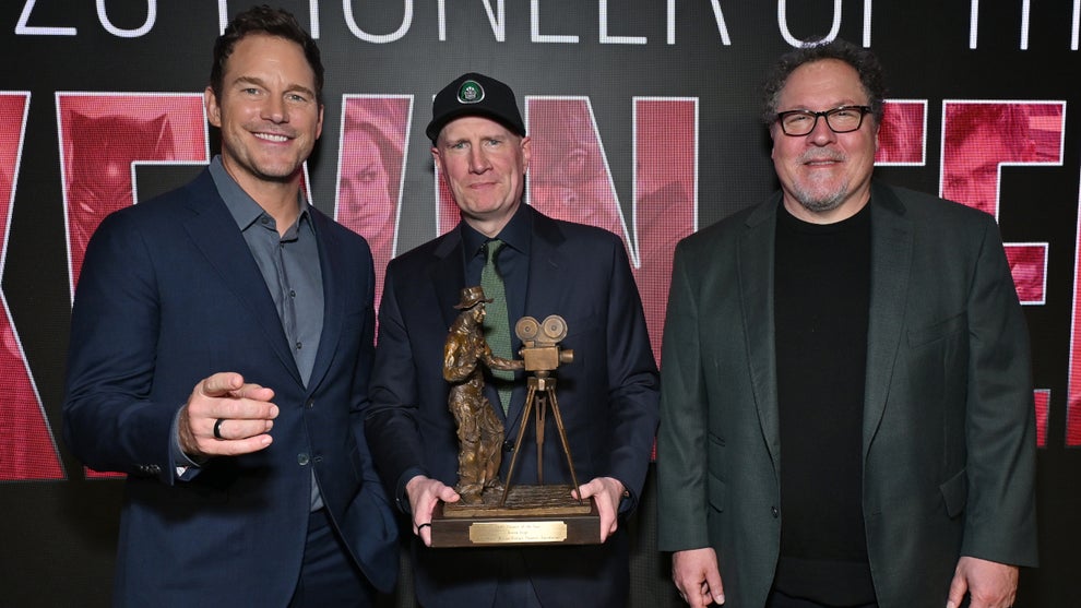 Chris Pratt, Kevin Feige and Jon Favrear attend the Will Rogers Motion Picture Pioneers Foundation's Pioneer Dinner Honoring Kevin Feige at The Beverly Hilton on Sept. 30, 2026 in Beverly Hills, Calif. (Alberto E. Rodriguez/Getty Images)