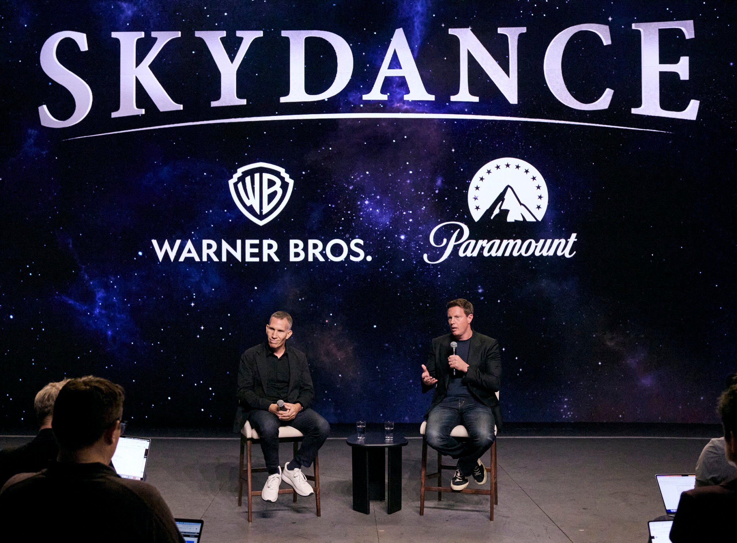 Skydance co-CEOs Ynon Kreiz and David Ellison hold a press conference following the Paramount-Warner Bros. Discovery merger c