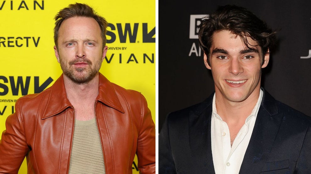Aaron Paul arrives at the world premiere of "Ash" during the 2025 SXSW Conference and Festival at The Paramount Theatre on March 11, 2025 in Austin, Texas. (Credit: Mat Hayward/WireImage) and RJ Mitte attends the BAFTA Los Angeles TV Tea Party at SLS Hotel on August 23, 2014 in Beverly Hills, California. (Credit: Jason LaVeris/FilmMagic)
