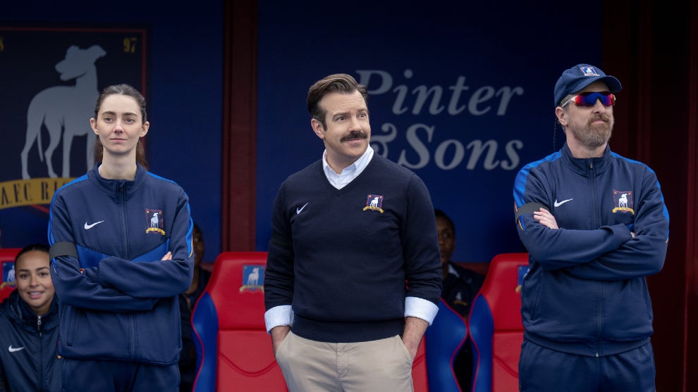Tanya Reynolds, Jason Sudeikis and Brendan Hunt in "Ted Lasso" (Apple TV)