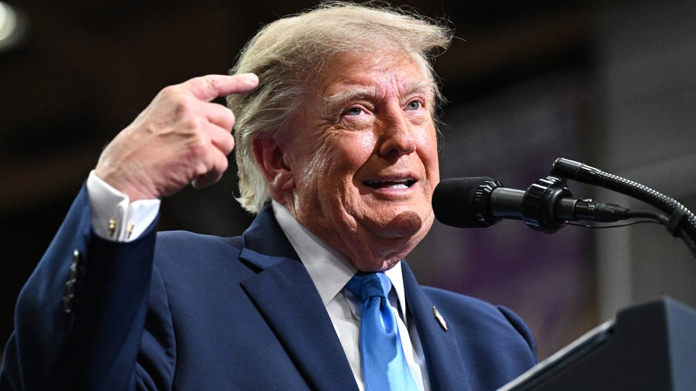 President Donald Trump speaks on stage at the Butler-Vandalia Student Activity Center during a campaign rally on October 03, 2026 in Vandalia, Ohio. (Roberto Schmidt/Getty Images)