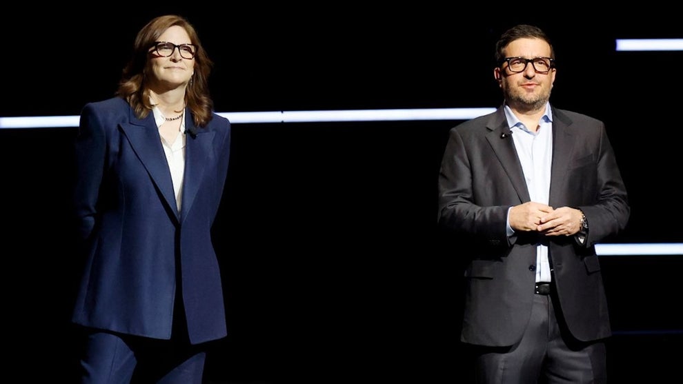 Dana Goldberg, Co-Chair of Paramount Pictures and Chair of Paramount Television Studios, and Josh Greenstein, Co-Chair of Paramount Pictures and Vice Chair of Platforms, speak onstage at the Paramount Pictures presentation at The Dolby Colosseum at Caesars Palace during CinemaCon, the official convention of Cinema United, on April 16, 2026 in Las Vegas, Nevada. (Photo by Gabe Ginsberg/Getty Images)