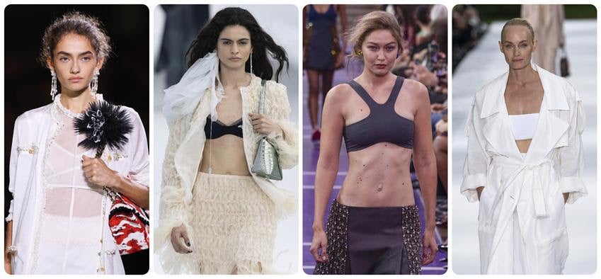 Left to right, Chanel, Dior, Miu Miu and Stella McCartney Spring 2027 bra tops. Source: Getty