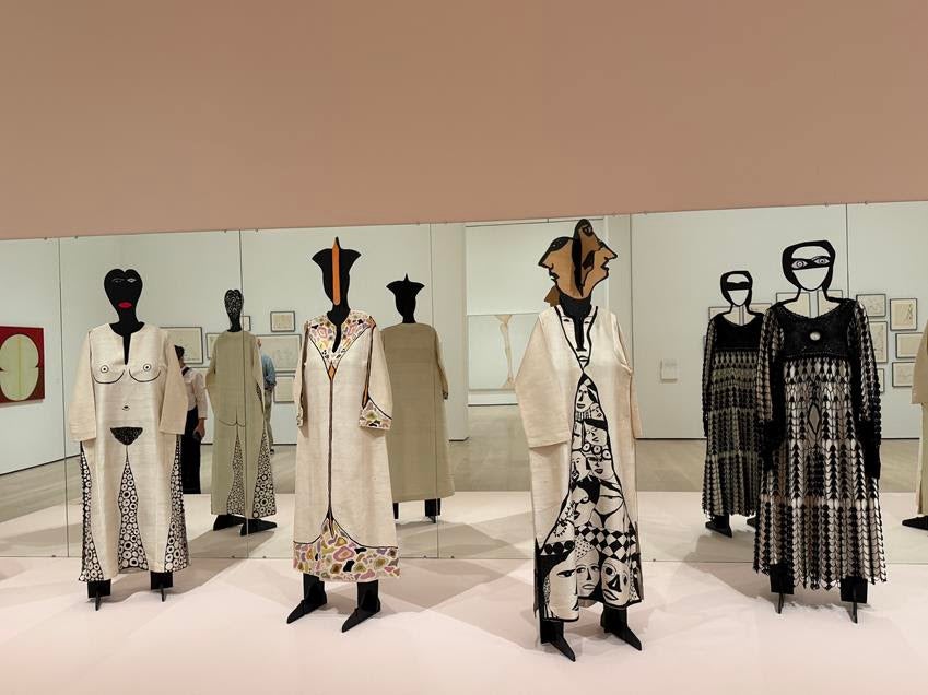 Gallery view of dresses and mannequins created in the 1970s and '80s by Huguette Caland, on display as part of Huguette Caland: A Life in a Few Lines at the Hammer Museum. Source: Booth Moore