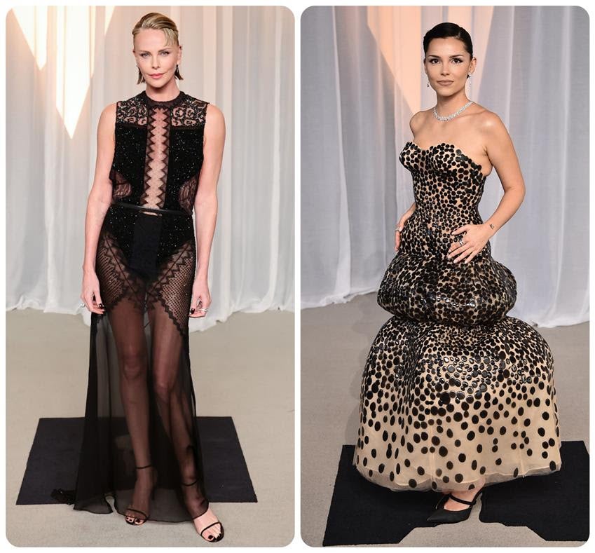 Charlize Theron wearing custom Tom Ford and Inde Navarrette wearing Schiaparelli. Source: Getty
