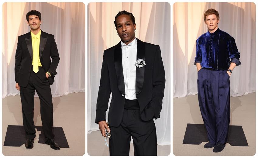 Diego Calva wearing Loewe, A$AP Rocky wearing Chanel and Eddie Redmayne wearing Armani. Source: Getty
