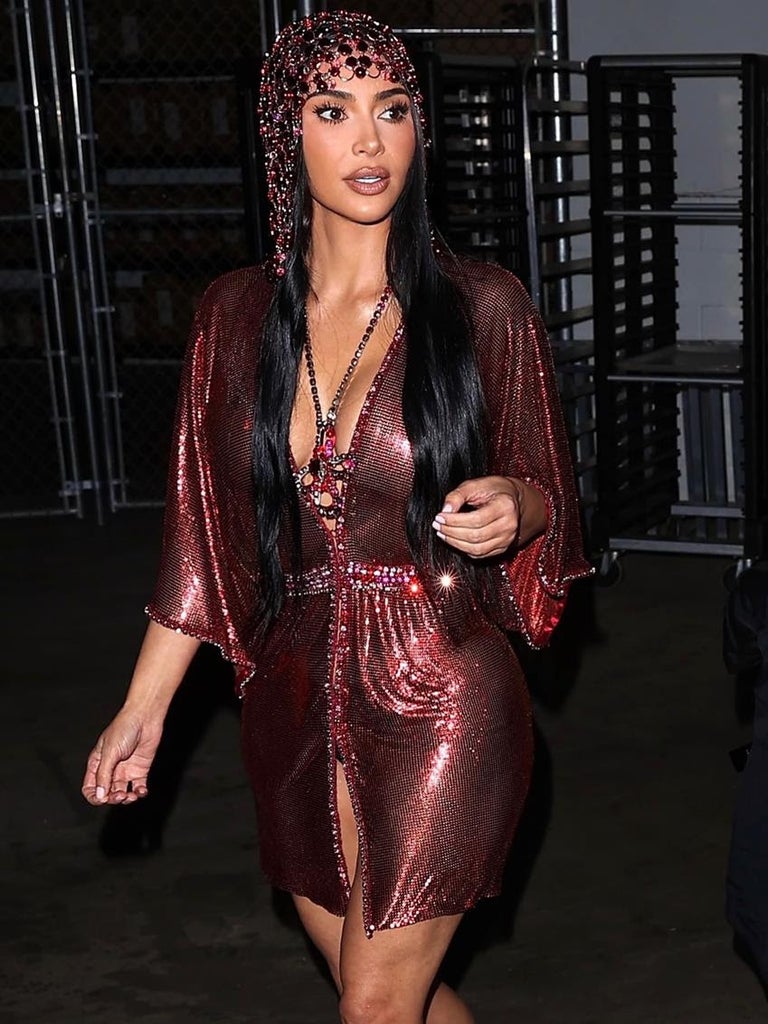 Kim Kardashian wearing archival Paco Rabanne selected by newly hired Rabanne creative director Olivier Rousteing. Source: Paco Rabanne
