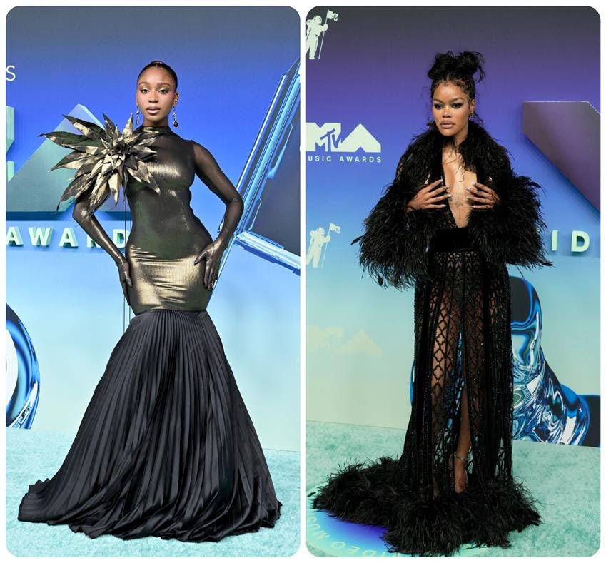Normani wearing Robert Wun couture, left, and Teyana Taylor in Zuhair Murad couture. Source: Getty