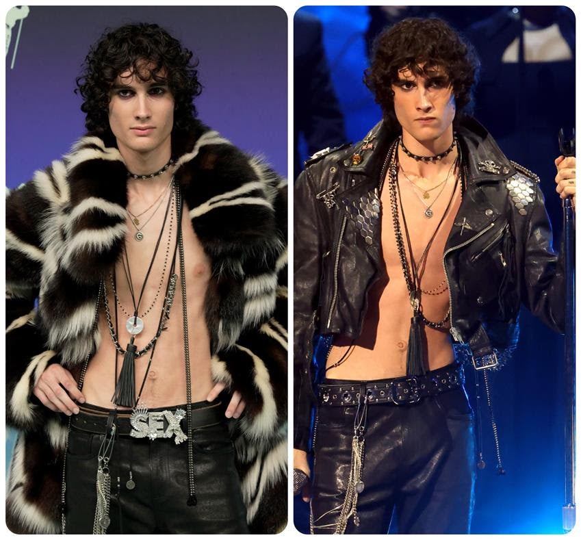 Sombr wearing ERL, left, and George Michael's 1988 motorcycle jacket, right. Source: Getty