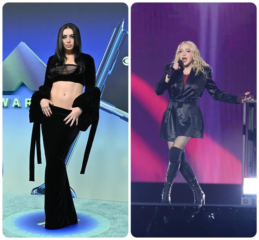 Charli XCX left, and Madonna, right, wear Saint Laurent. Source: Getty