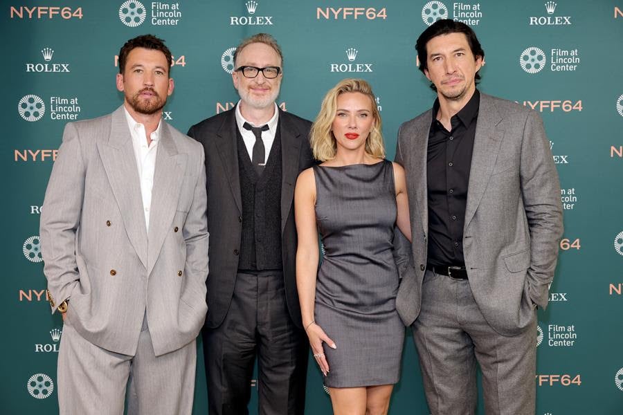 (L-R) Miles Teller, James Gray, Scarlett Johansson and Adam Driver at the Paper Tiger premiere during the 64th New York Film Festival. Source: Getty