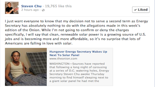 Energy Secretary Steven Chu Responds to Onion Article About His Wild Party Night